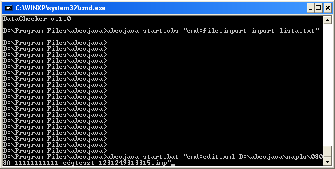 Példa import fájl parancssori betöltésére Amennyiben az importálás során hiba lép fel, akkor a képernyőn eredmény lista jelenik meg. Ez a lista nem kerül automatikusan mentésre.