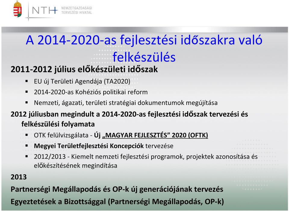 folyamata 2013 OTK felülvizsgálata - Új MAGYAR FEJLESZTÉS 2020 (OFTK) Megyei Területfejlesztési Koncepciók tervezése 2012/2013 -Kiemelt nemzeti fejlesztési