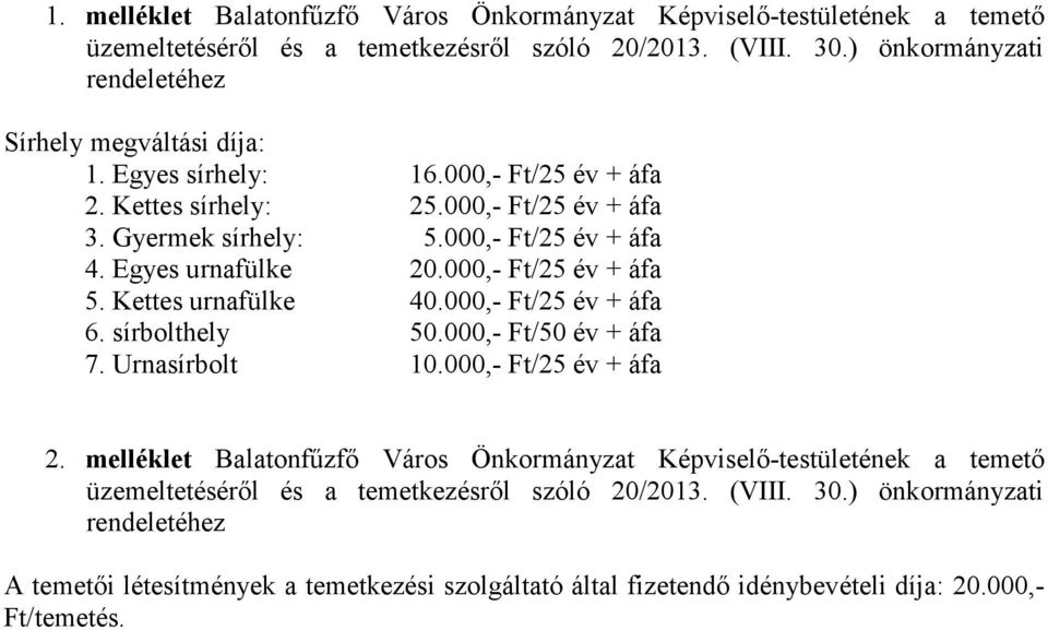 Egyes urnafülke 20.000,- Ft/25 év + áfa 5. Kettes urnafülke 40.000,- Ft/25 év + áfa 6. sírbolthely 50.000,- Ft/50 év + áfa 7. Urnasírbolt 10.000,- Ft/25 év + áfa 2.