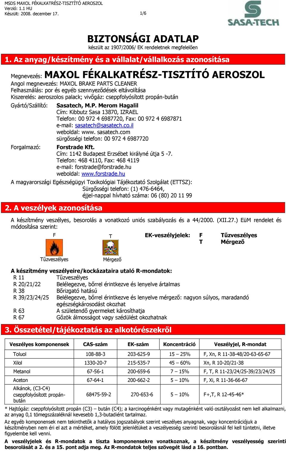 eltávolítása Kiszerelés: aeroszolos palack; vivőgáz: cseppfolyósított propán-bután Gyártó/Szállító: Forgalmazó: Sasatech, M.P.