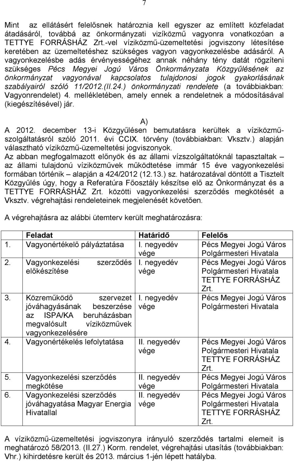 A vagyonkezelésbe adás érvényességéhez annak néhány tény datát rögzíteni szükséges Pécs Megyei Jogú Város Önkormányzata Közgyűlésének az önkormányzat vagyonával kapcsolatos tulajdonosi jogok