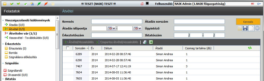 3 Irat átadás-átvétel 3.1 Irat átadás Minden egyes művelet végén (mint pl. iktatás, szignálás, ügyintézés) ki kell jelölni a következő művelet végrehajtóját a Feladat fülön.