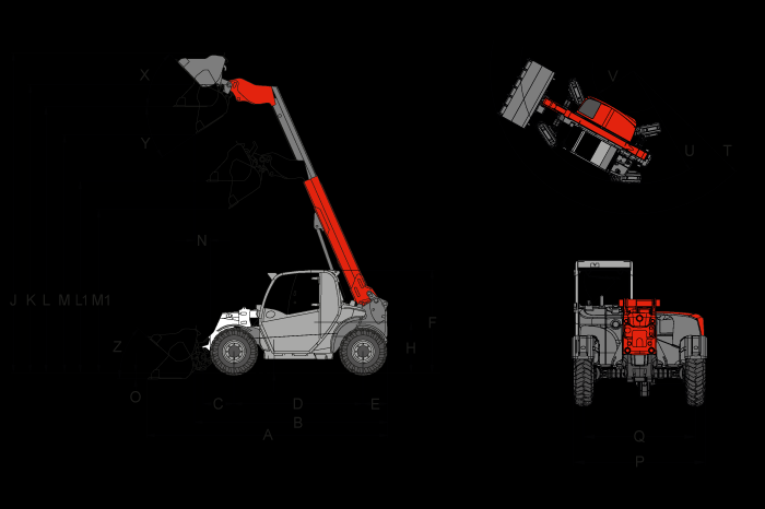 T6027 Teleszkópos rakodógépek Méretek Standard abroncsozás 12.5-18 MPT-01 Standard könnyített kanál 2.000 mm A Teljes hosszúság 4.958 mm B Teljes hosszúság (kanál nélkül) 4.