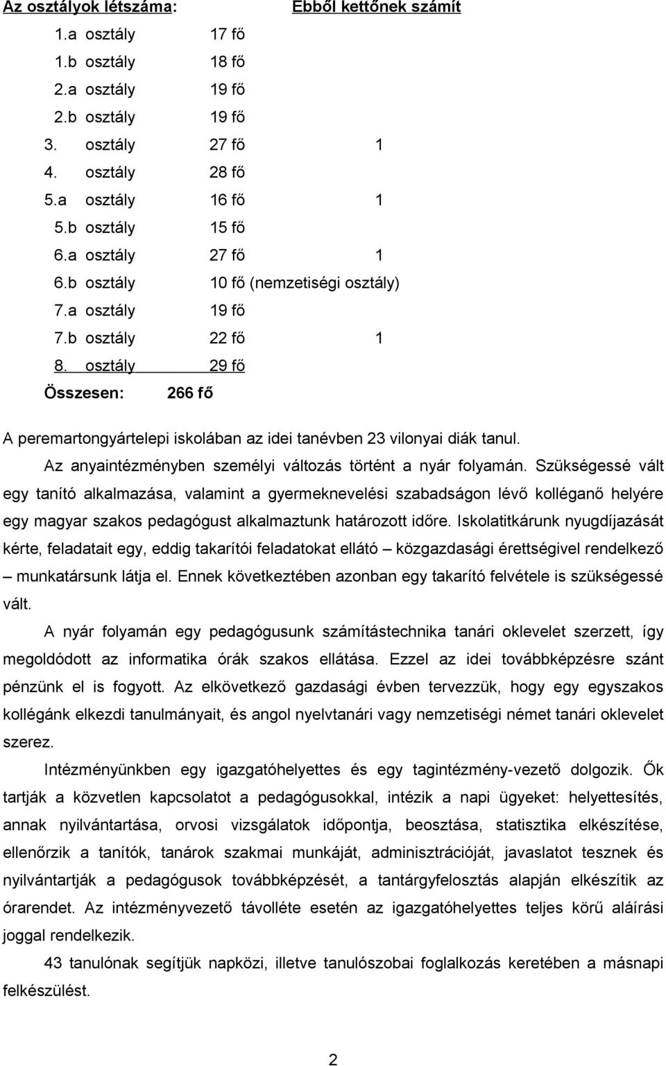 osztály 29 fő Összesen: 266 fő A peremartongyártelepi iskolában az idei tanévben 23 vilonyai diák tanul. Az anyaintézményben személyi változás történt a nyár folyamán.