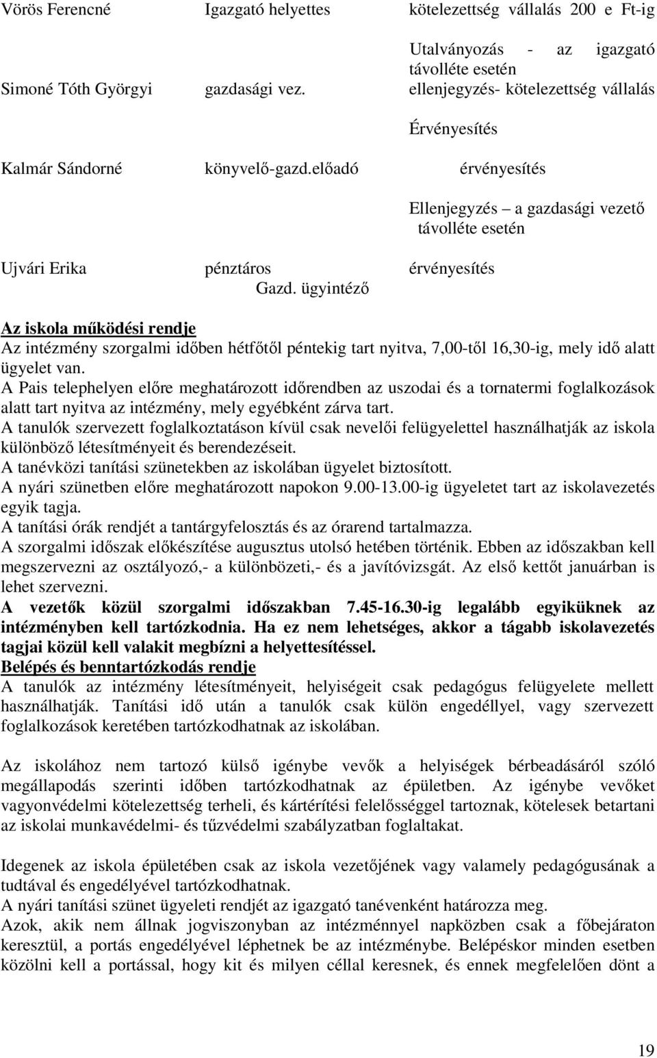 ügyintéző Ellenjegyzés a gazdasági vezető távolléte esetén Az iskola működési rendje Az intézmény szorgalmi időben hétfőtől péntekig tart nyitva, 7,00-től 16,30-ig, mely idő alatt ügyelet van.