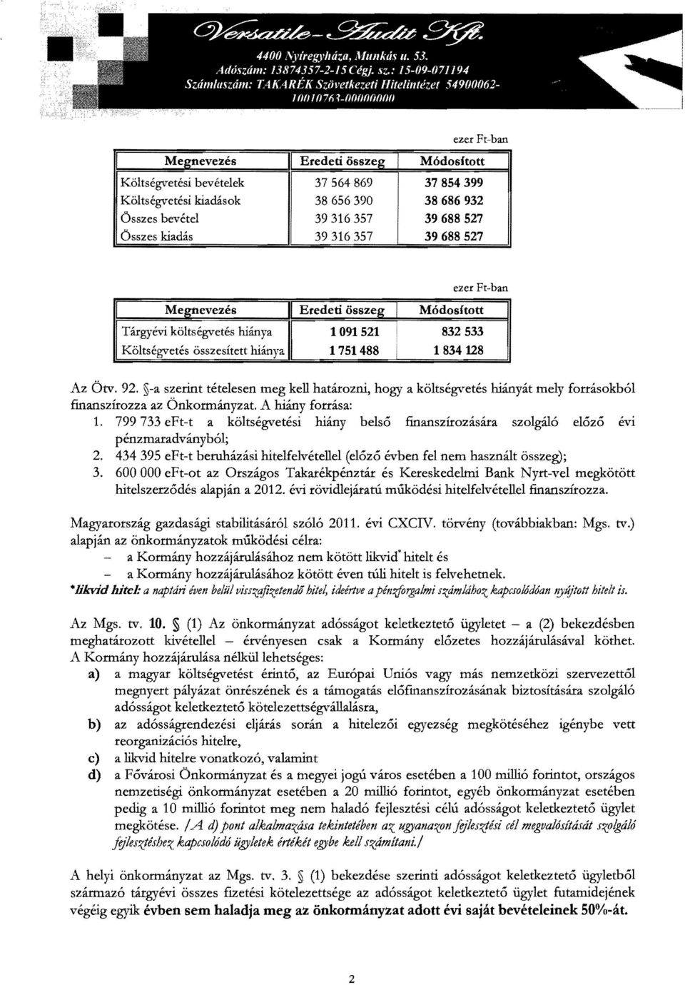 -a szerint tételesen meg kell határozni, hogy a költségvetés hiányát mely forrásokból finanszítozza az Önkormányzat. A hiány forrása: 1.