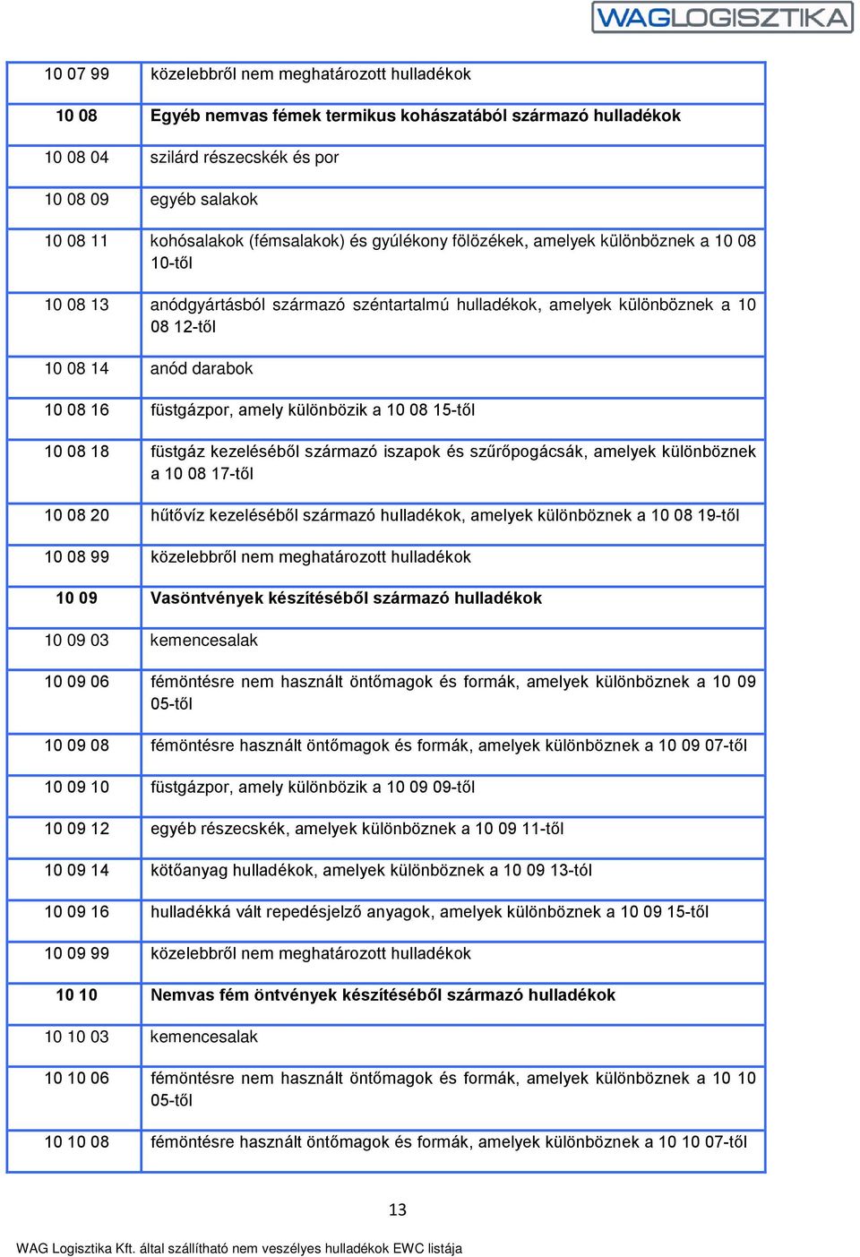 füstgázpor, amely különbözik a 10 08 15-től 10 08 18 füstgáz kezeléséből származó iszapok és szűrőpogácsák, amelyek különböznek a 10 08 17-től 10 08 20 hűtővíz kezeléséből származó hulladékok,