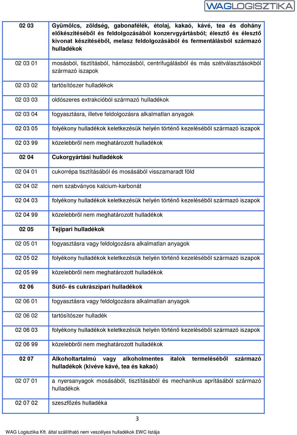 extrakcióból származó hulladékok 02 03 04 fogyasztásra, illetve feldolgozásra alkalmatlan anyagok 02 03 05 folyékony hulladékok keletkezésük helyén történő kezeléséből származó iszapok 02 03 99