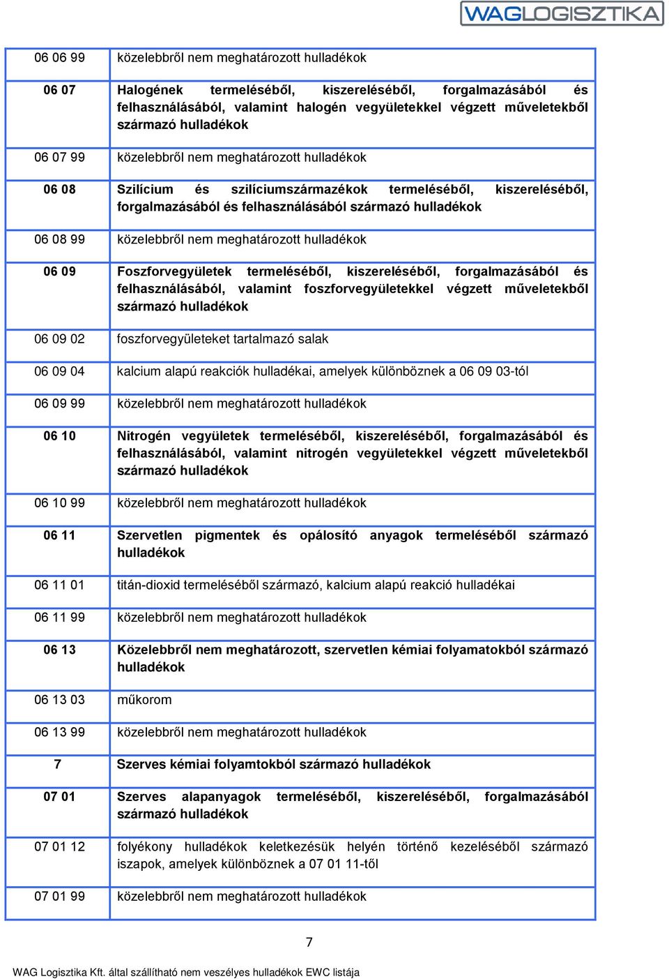 közelebbről nem meghatározott hulladékok 06 09 Foszforvegyületek termeléséből, kiszereléséből, forgalmazásából és felhasználásából, valamint foszforvegyületekkel végzett műveletekből származó