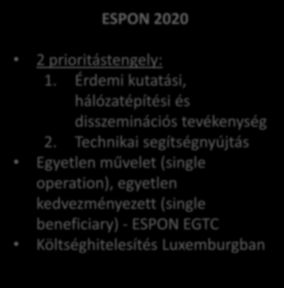 ESPON 2020 új elemek ESPON 2013 5 prioritástengely: 1. Alkalmazott kutatások 2. Célzott elemzések 3. Tudományos platform 4. Kapitalizáció, tőkésítés és részvétel 5.