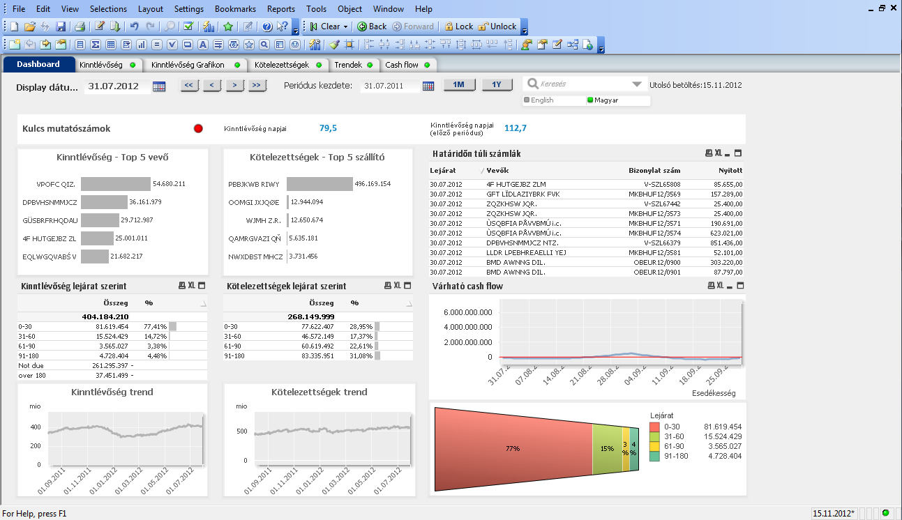 8 Oldal Kötelezettségek Trendek Cash flow Rövid leírás Lehetővé teszi a nyitott összegek és a lejárati csoportok elemzését.