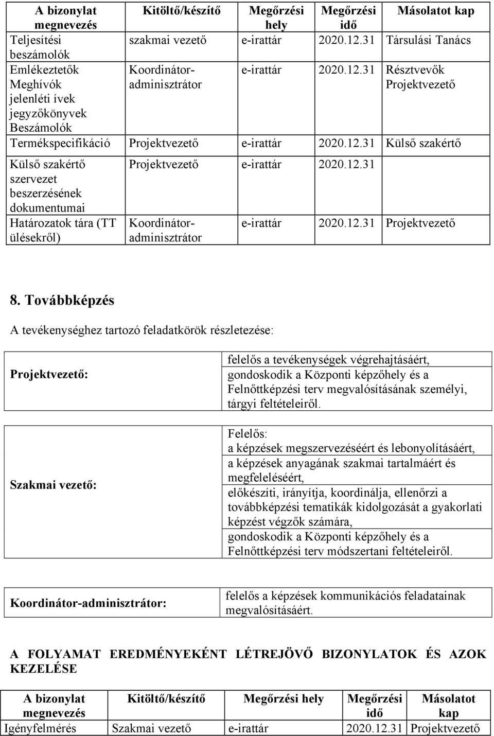 Továbbképzés : felelős a tevékenységek végrehajtásáért, gondoskodik a Központi képzőhely és a Felnőttképzési terv megvalósításának személyi, tárgyi feltételeiről.