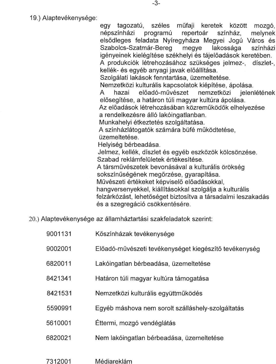 lakossága színházi igényeinek kielégítése székhelyi és tájelőadások keretében. A produkciók létrehozásához szükséges jelmez-, díszlet-, kellék- és egyéb anyagi javak előállítása.