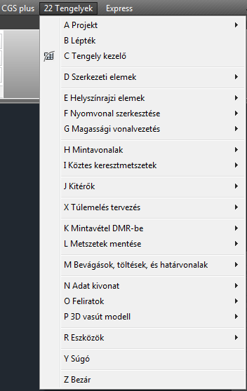 Menüsor használata esetén indításkor csak egy CGS Plus menü látható (a megszokottak mellett). Ezen belül találhatók a CGS különböző szakági termékei, így a Ferrovia is.