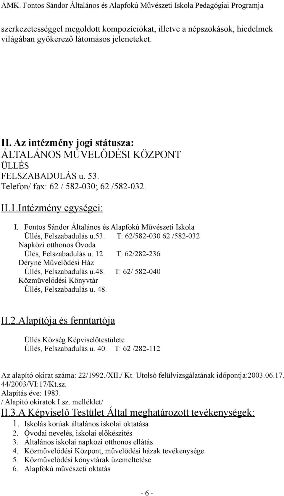 Fontos Sándor Általános és Alapfokú Művészeti Iskola Üllés, Felszabadulás u.53. T: 62/582-030 62 /582-032 Napközi otthonos Óvoda Ülés, Felszabadulás u. 12.