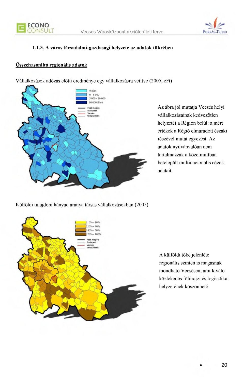 jól mutatja Vecsés helyi vállalkozásainak kedvezőtlen helyzetét a Régión belül: a mért értékek a Régió elmaradott északi részével mutat egyezést.