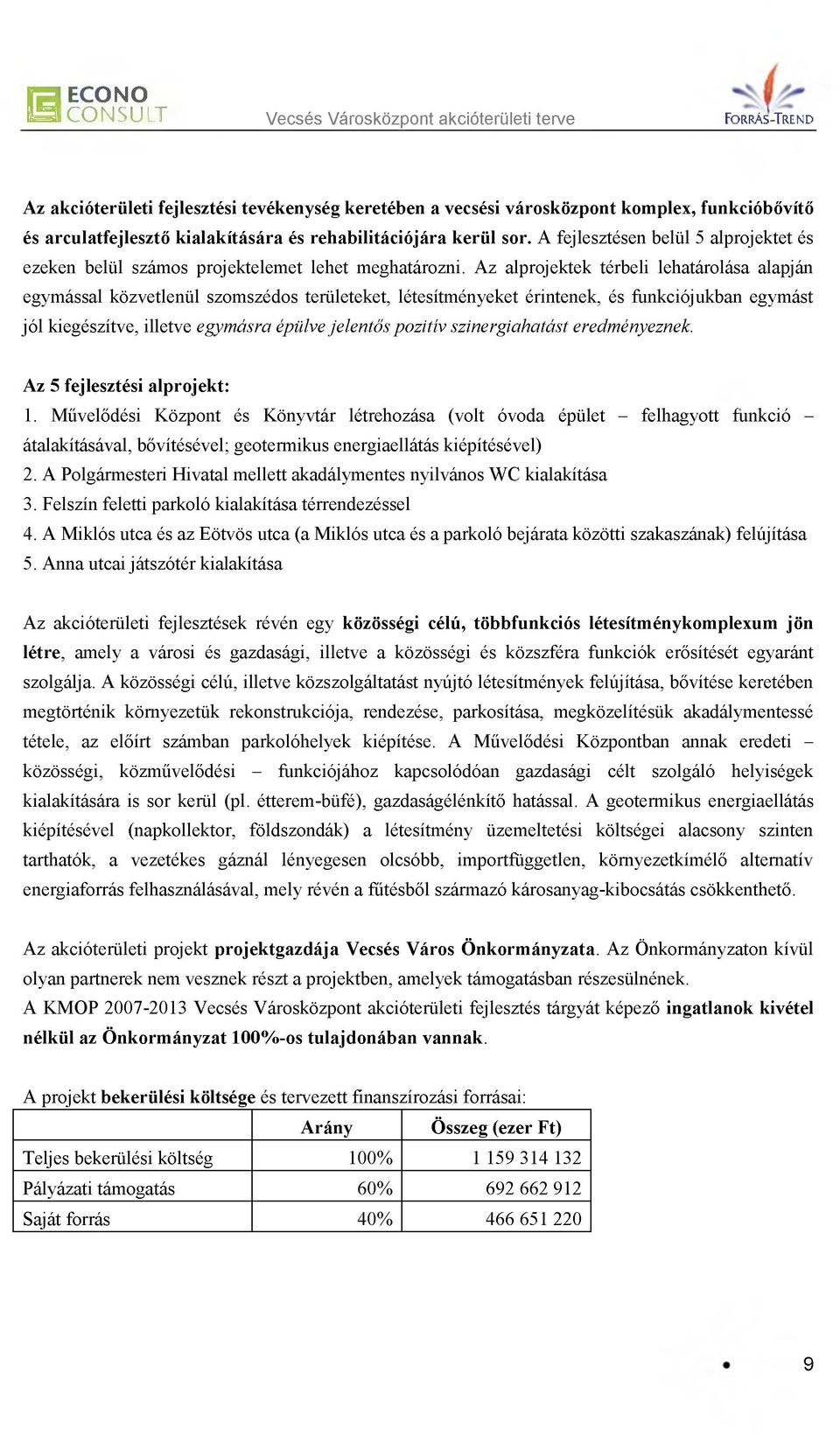 Az alprojektek térbeli lehatárolása alapján egymással közvetlenül szomszédos területeket, létesítményeket érintenek, és funkciójukban egymást jól kiegészítve, illetve egymásra épülve jelentős pozitív