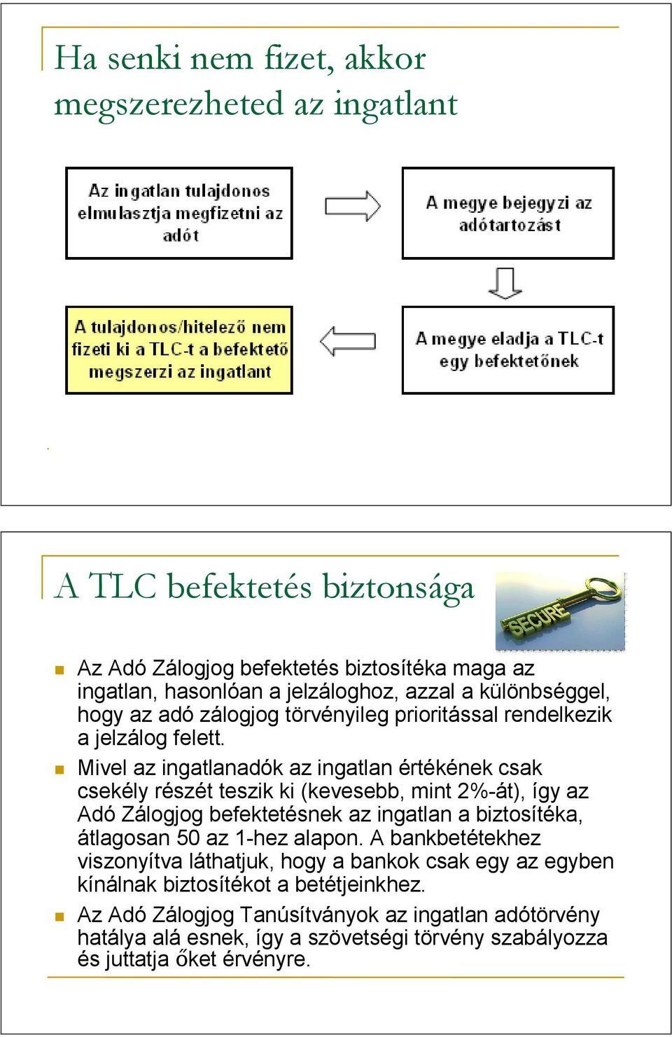 Mivel az ingatlanadók az ingatlan értékének csak csekély részét teszik ki (kevesebb, mint 2%-át), így az Adó Zálogjog befektetésnek az ingatlan a biztosítéka, átlagosan 50 az