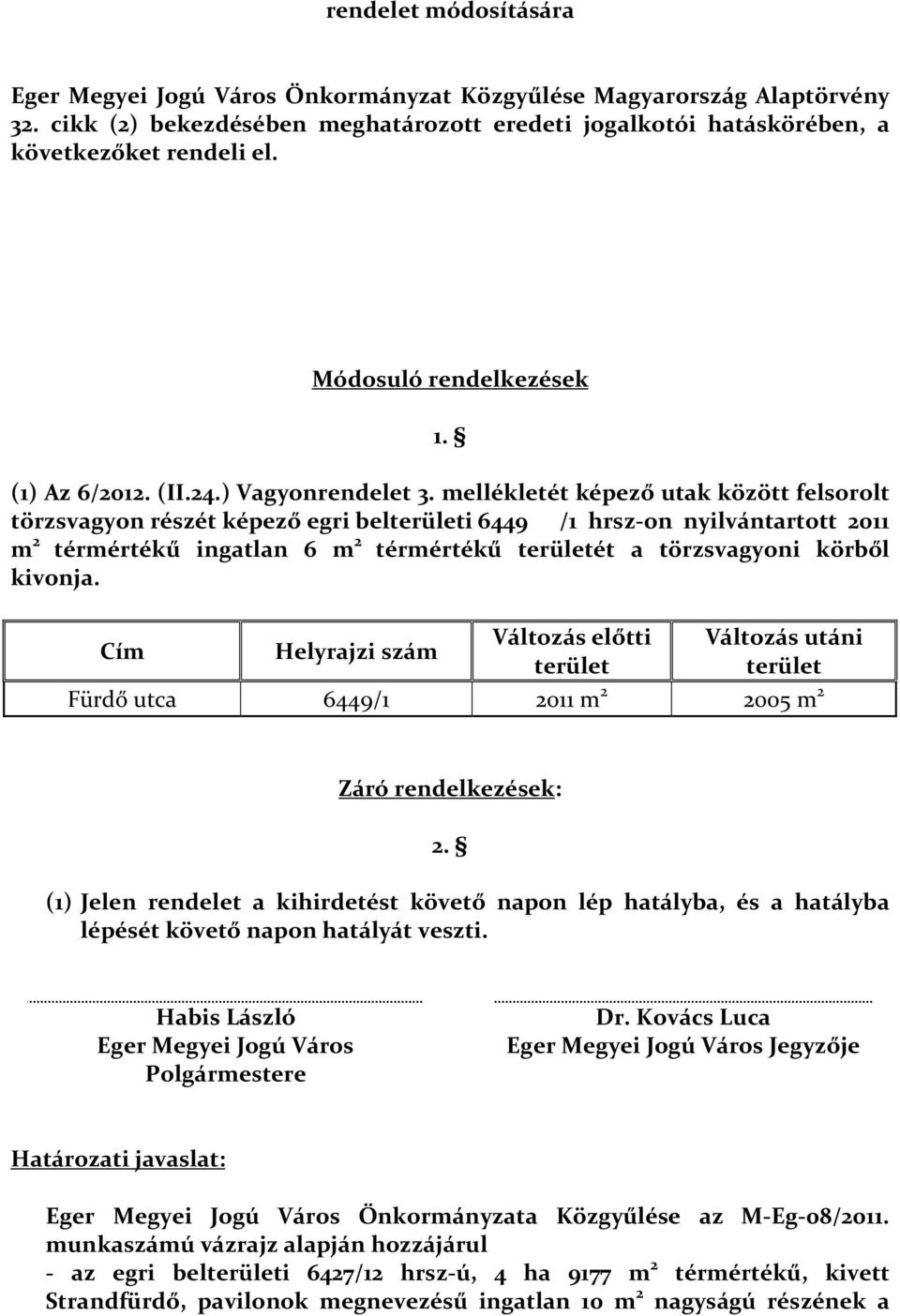 mellékletét képező utak között felsorolt törzsvagyon részét képező egri belterületi 6449 /1 hrsz-on nyilvántartott 2011 m 2 térmértékű ingatlan 6 m 2 térmértékű területét a törzsvagyoni körből