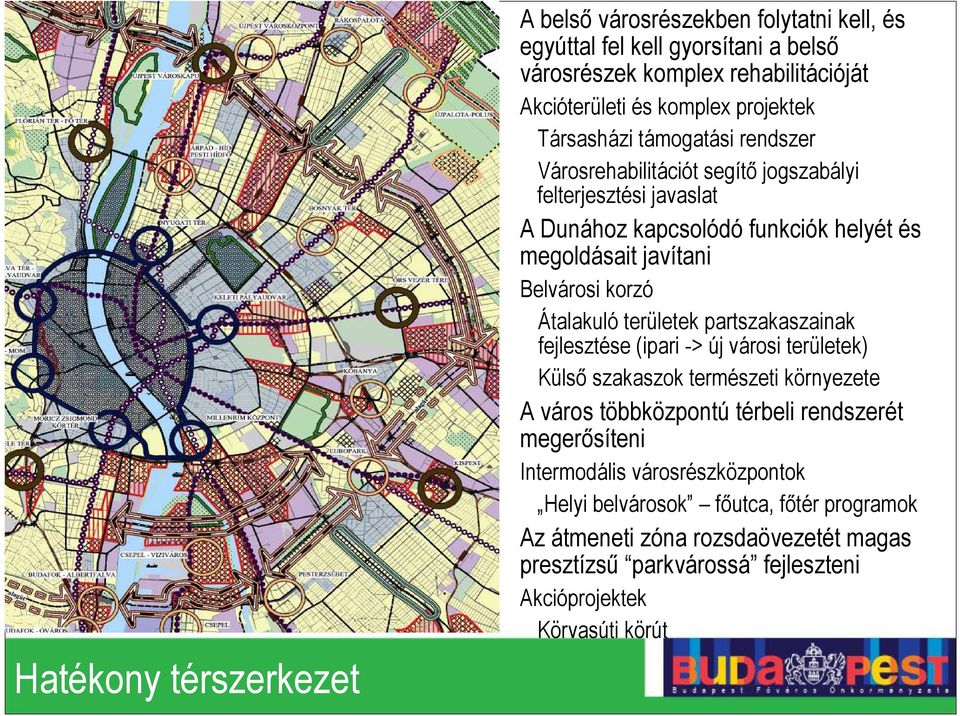 Átalakuló területek partszakaszainak fejlesztése (ipari -> új városi területek) Külsı szakaszok természeti környezete A város többközpontú térbeli rendszerét megerısíteni