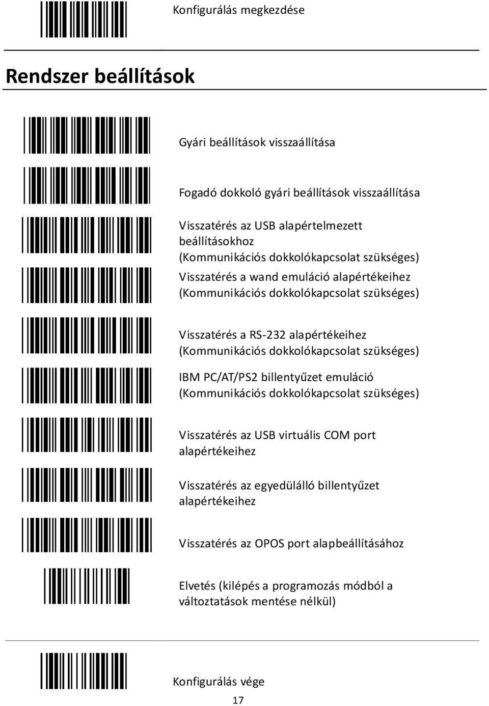 (Kommunikációs dokkolókapcsolat szükséges) IBM PC/AT/PS2 billentyűzet emuláció (Kommunikációs dokkolókapcsolat szükséges) Visszatérés az USB virtuális COM port alapértékeihez