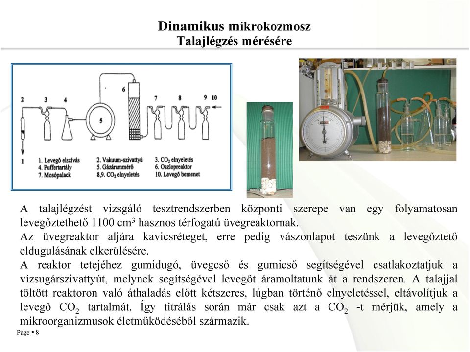 A reaktor tetejéhez gumidugó, üvegcs és gumics segítségével csatlakoztatjuk a vízsugárszivattyút, melynek segítségével levegt áramoltatunk át a rendszeren.