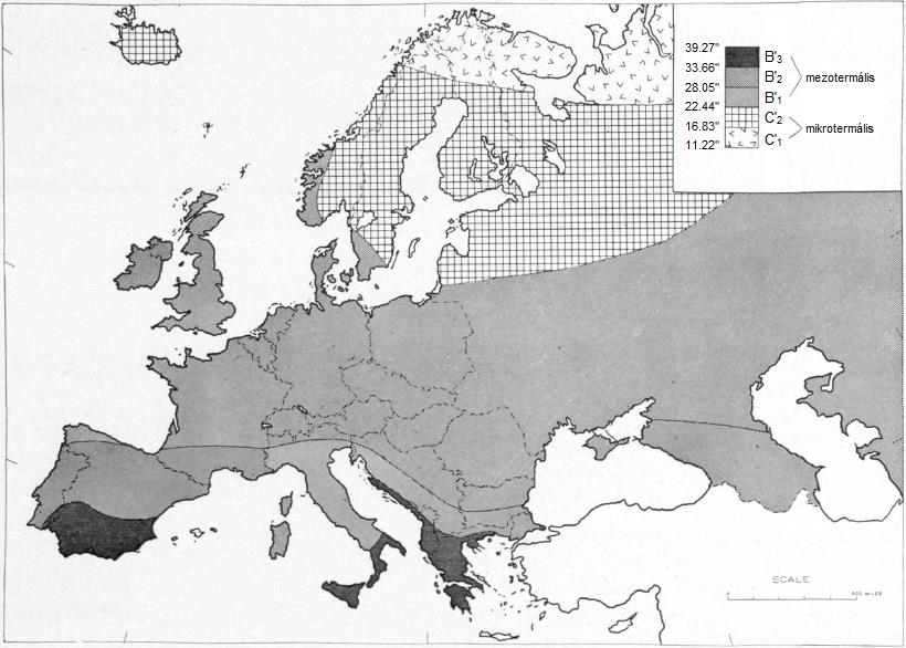 F4. ábra A hőellátottság területi eloszlása Európában