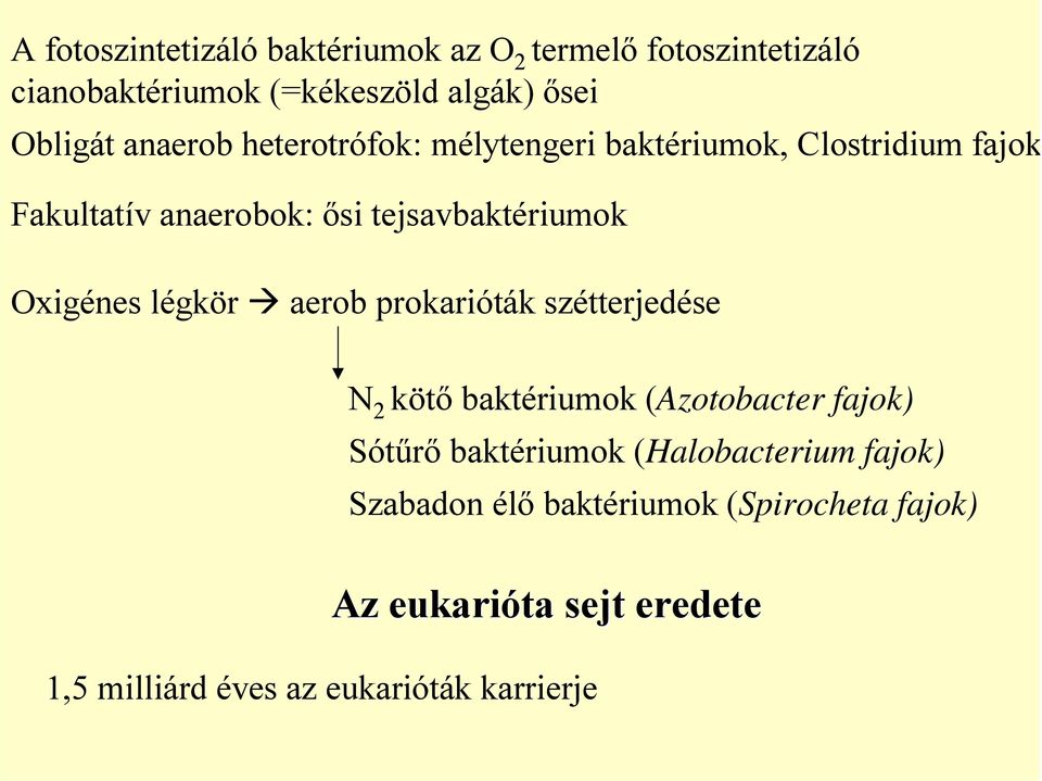 Oxigénes légkör aerob prokarióták szétterjedése N 2 kötő baktériumok (Azotobacter fajok) Sótűrő baktériumok