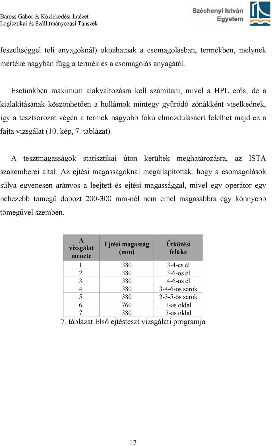 elmozdulásáért felelhet majd ez a fajta vizsgálat (10. kép, 7. táblázat). A tesztmagasságok statisztikai úton kerültek meghatározásra, az ISTA szakemberei által.