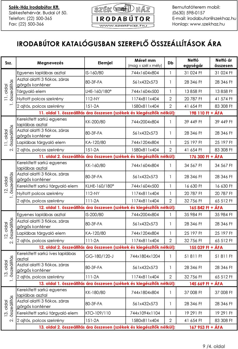 oldal ára (székek és kiegészítők nélkül): 198 110 Ft + ÁFA KK-200/80 744x2004x804 1 39 449 Ft 39 449 Ft Laplábas tárgyaló elem KA-120/80 744x1204x804 1 25 197 Ft 25 197 Ft 11.