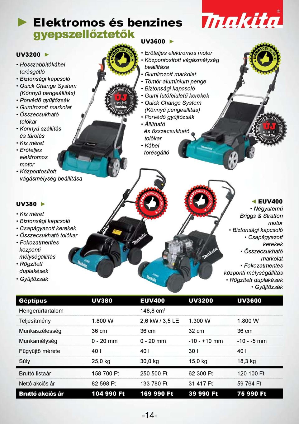 Gumírozott markolat Tömör alumínium penge Biztonsági kapcsoló Gumi futófelületű kerekek Quick Change System (Könnyű pengeállítás) Porvédő gyűjtőzsák Állítható és összecsukható tolókar Kábel