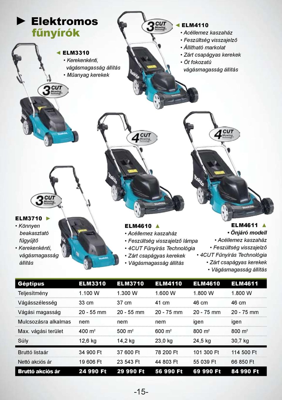 állítás ELM4611 Önjáró modell Acéllemez kaszaház Feszültség visszajelző 4CUT Fűnyírás Technológia Zárt csapágyas kerekek Vágásmagasság állítás Géptípus ELM3310 ELM3710 ELM4110 ELM4610 ELM4611