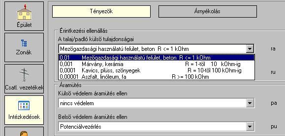 Intézkedések az R A és R U csökkentésére Élőlények sérülése az érintési és lépésfeszültség következtében az építményen kívül és belül; Rizikókomponens R A / R U Áramütés Külső védelem áramütés ellen