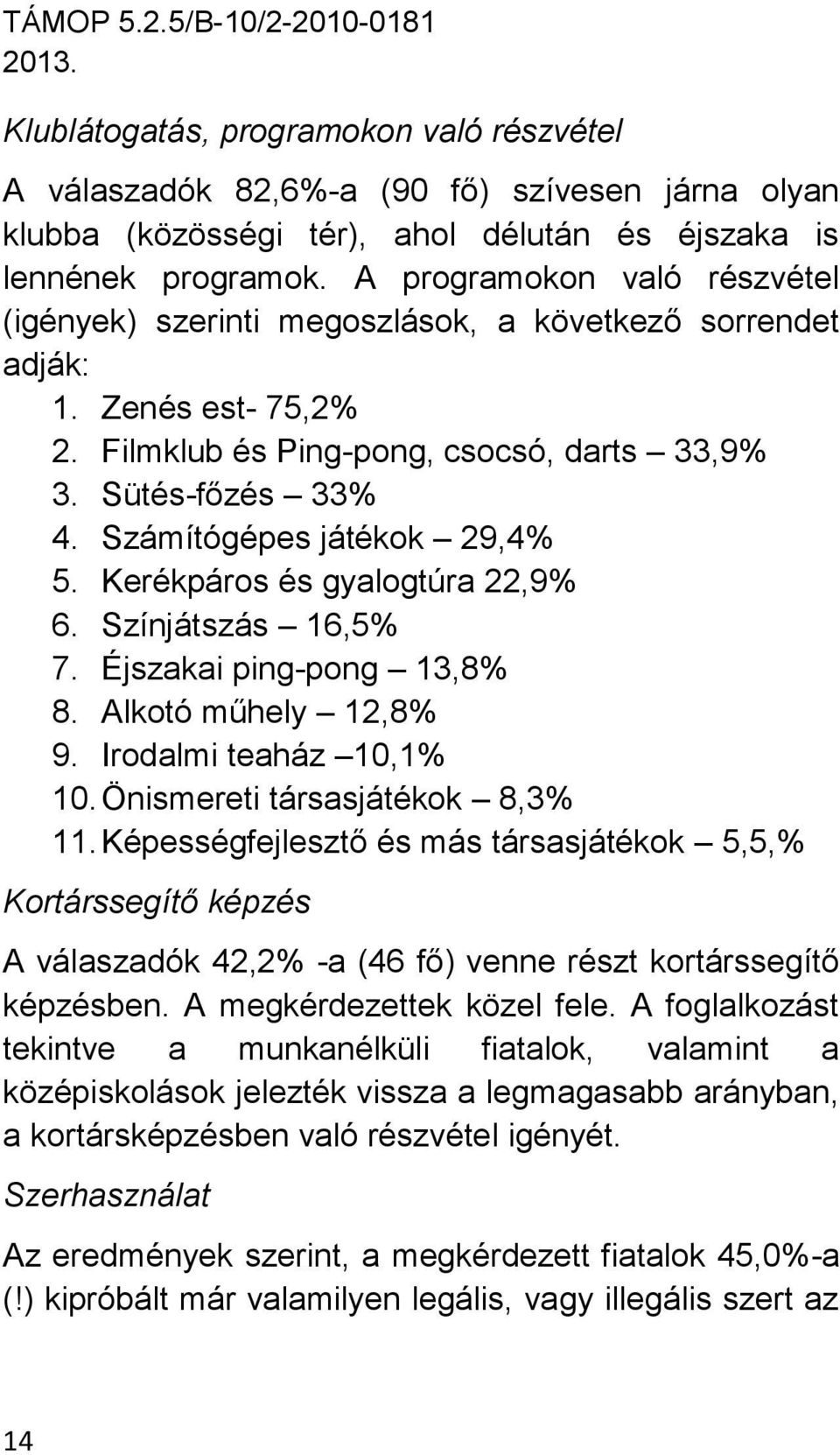 Számítógépes játékok 29,4% 5. Kerékpáros és gyalogtúra 22,9% 6. Színjátszás 16,5% 7. Éjszakai ping-pong 13,8% 8. Alkotó műhely 12,8% 9. Irodalmi teaház 10,1% 10. Önismereti társasjátékok 8,3% 11.