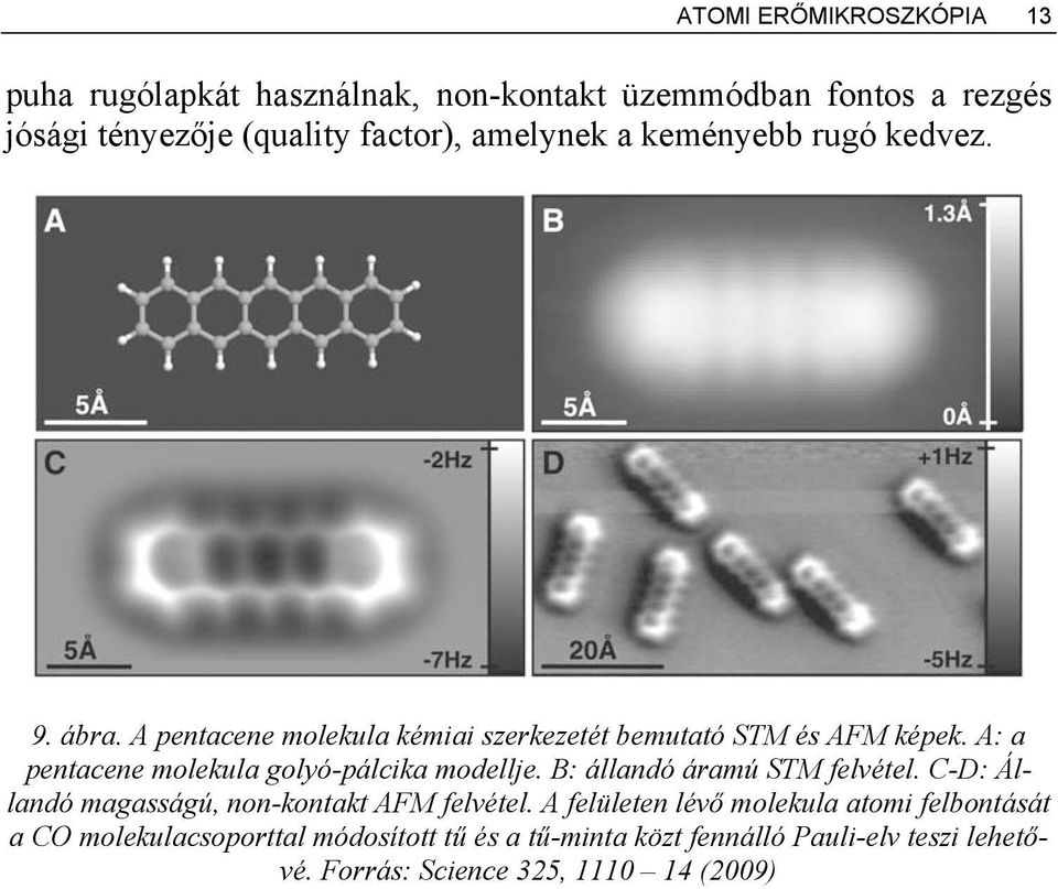 A: a pentacene molekula golyó-pálcika modellje. B: állandó áramú STM felvétel. C-D: Állandó magasságú, non-kontakt AFM felvétel.