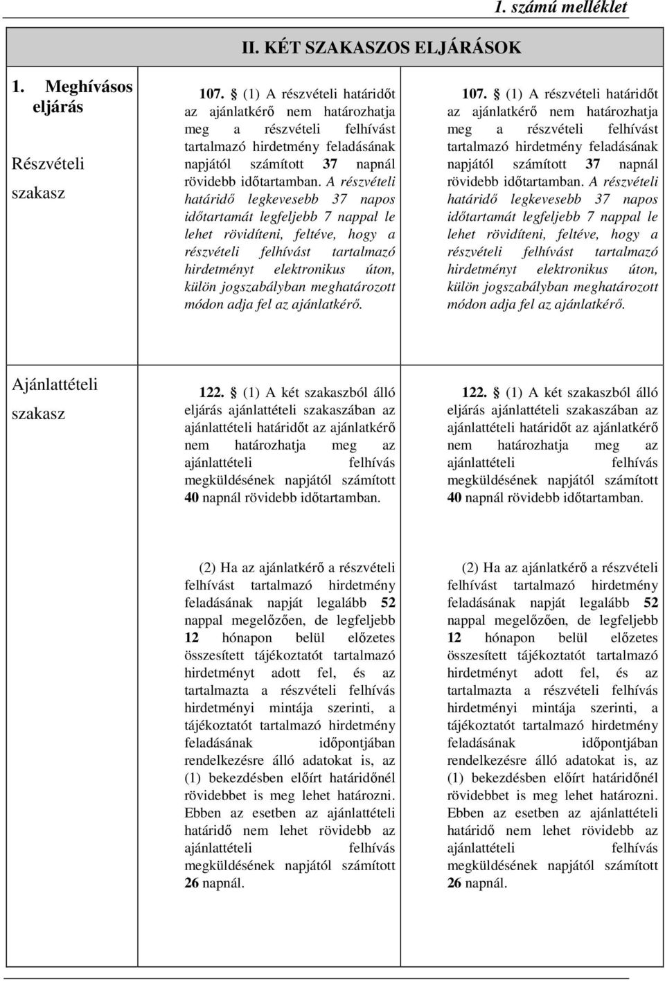 A részvételi határidő legkevesebb 37 napos időtartamát legfeljebb 7 nappal le lehet rövidíteni, feltéve, hogy a részvételi felhívást tartalmazó hirdetményt elektronikus úton, külön jogszabályban