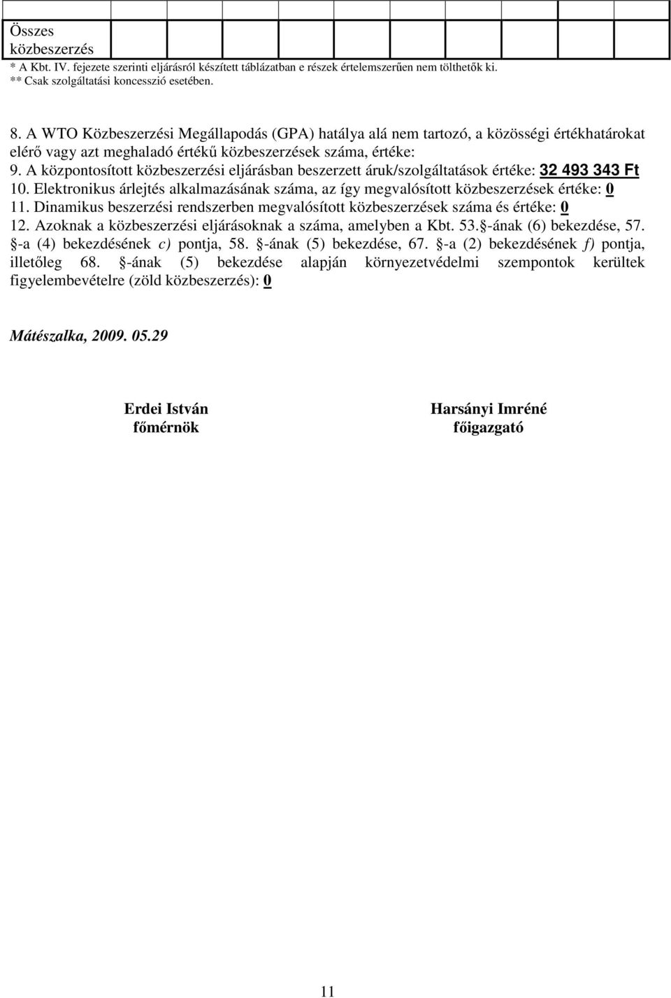 A központosított i eljárásban beszerzett áruk/szolgáltatások értéke: 32 493 343 Ft 10. Elektronikus árlejtés alkalmazásának száma, az így megvalósított ek értéke: 0 11.