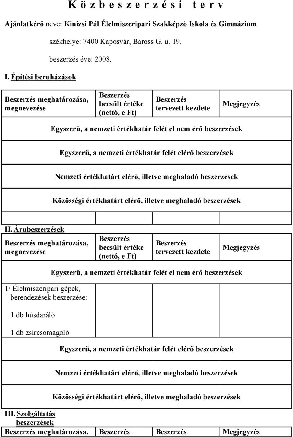 Építési beruházások meghatározása, II.