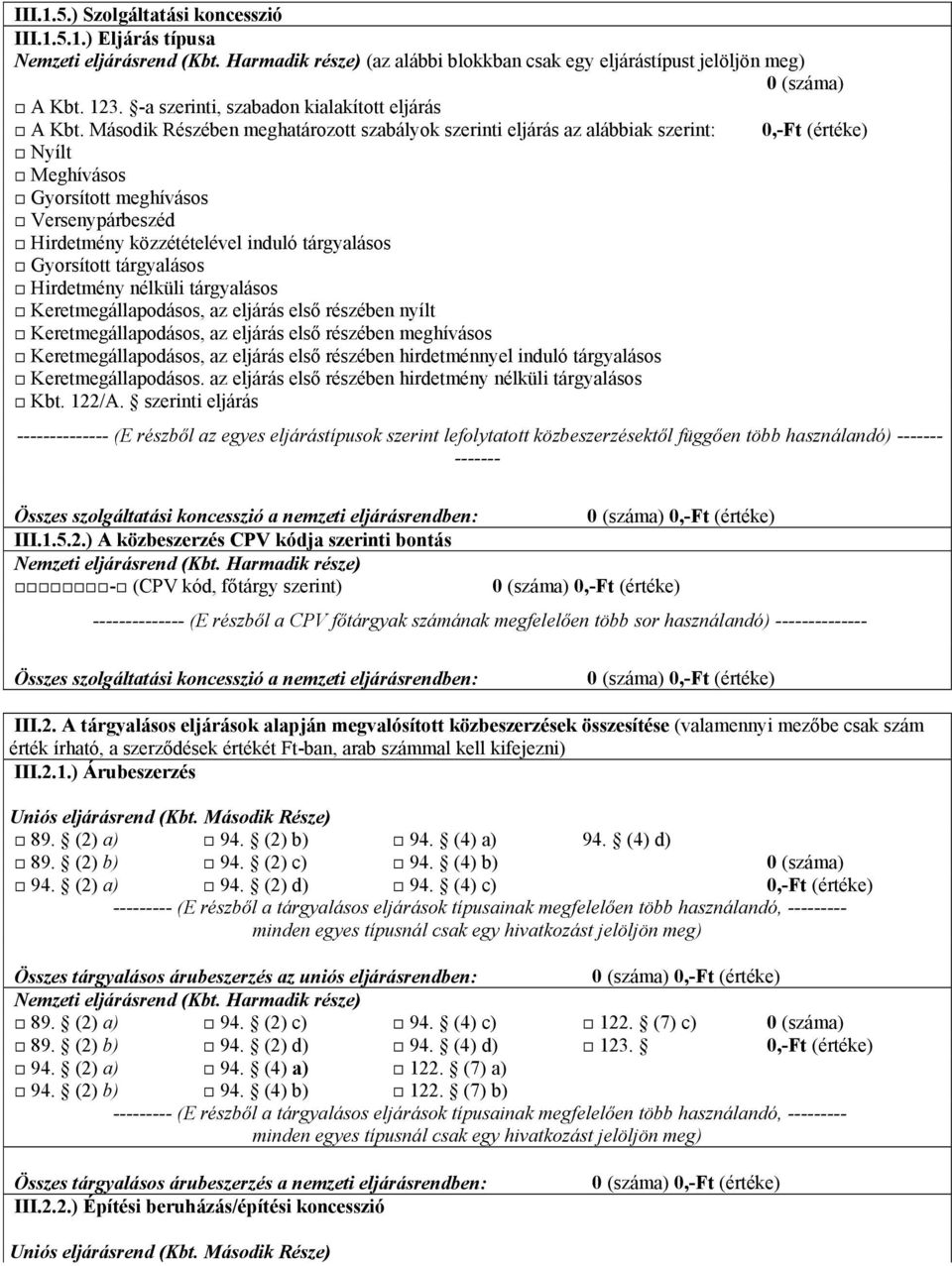 122/A. szerinti eljárás Összes szolgáltatási koncesszió a nemzeti eljárásrendben: III.1.5.2.) A közbeszerzés CPV kódja szerinti bontás (E részből a CPV főtárgyak számának megfelelően több sor használandó) Összes szolgáltatási koncesszió a nemzeti eljárásrendben: III.