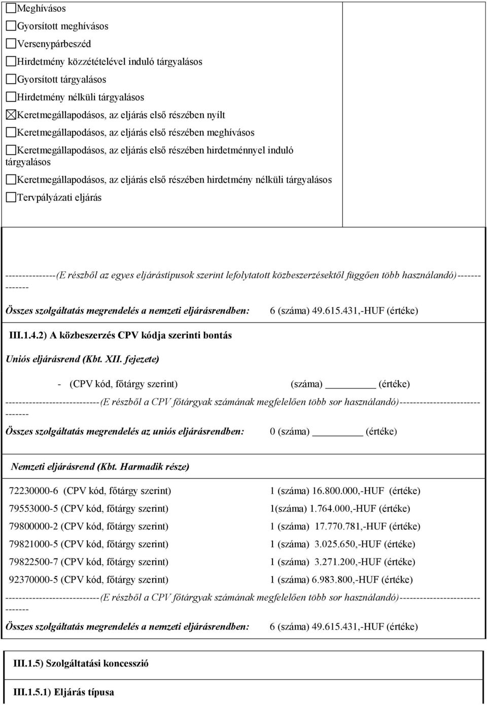 nemzeti eljárásrendben: 6 49.615.431,-HUF III.1.4.2) A közbeszerzés CPV kódja szerinti bontás Uniós eljárásrend (Kbt. XII.