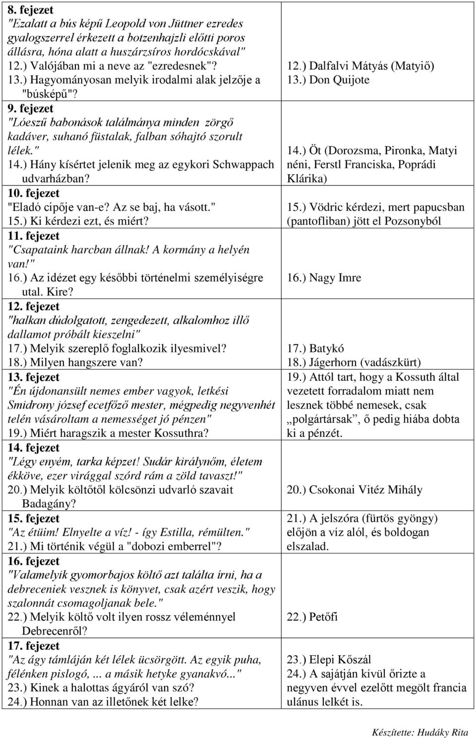 ) Hány kísértet jelenik meg az egykori Schwappach udvarházban? 10. fejezet "Eladó cipője van-e? Az se baj, ha vásott." 15.) Ki kérdezi ezt, és miért? 11. fejezet "Csapataink harcban állnak!