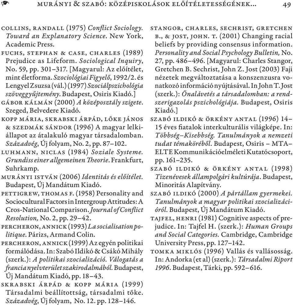 ) (1997) Szociálpszichológia szöveggyűjtemény. Budapest, Osiris Kiadó.] Gábor Kálmán (2000) A középosztály szigete. Szeged, Belvedere Kiadó.