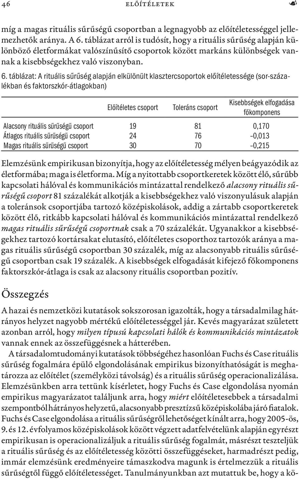 táblázat: A rituális sűrűség alapján elkülönült klasztercsoportok előítéletessége (sor-százalékban és faktorszkór-átlagokban) Előítéletes csoport Toleráns csoport Kisebbségek elfogadása főkomponens