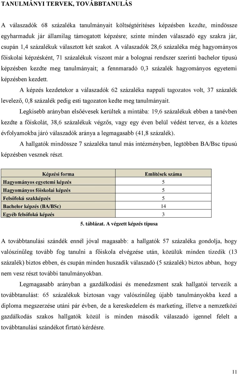 A válaszadók 28,6 százaléka még hagyományos főiskolai képzésként, 71 százalékuk viszont már a bolognai rendszer szerinti bachelor típusú képzésben kezdte meg tanulmányait; a fennmaradó 0,3 százalék