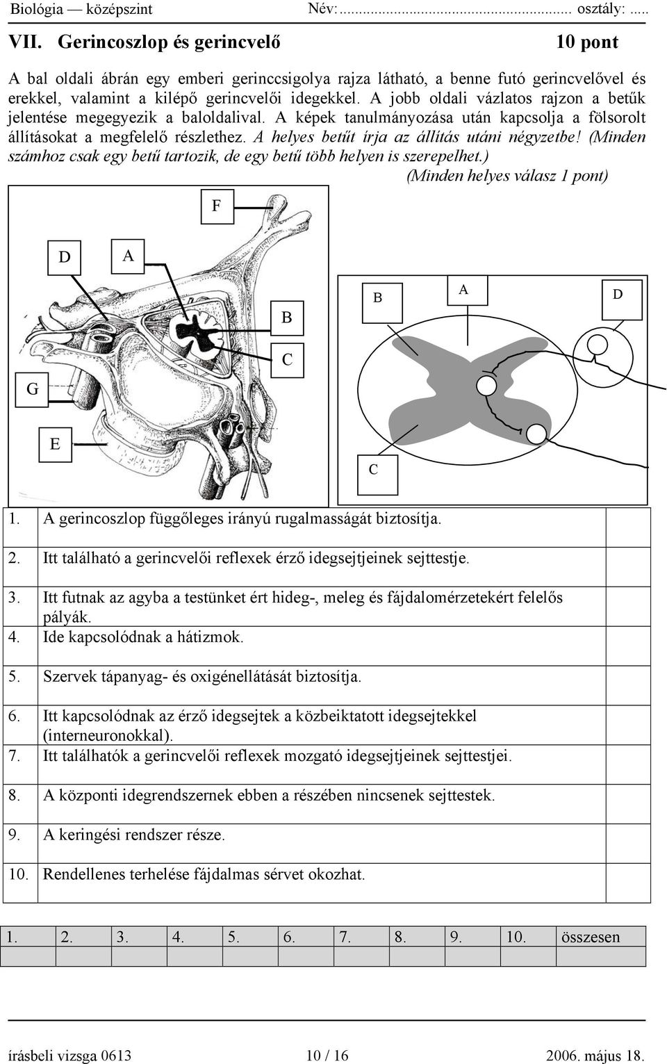 A helyes betűt írja az állítás utáni négyzetbe! (Minden számhoz csak egy betű tartozik, de egy betű több helyen is szerepelhet.) (Minden helyes válasz 1 pont) F D A B B A D G C E C 1.