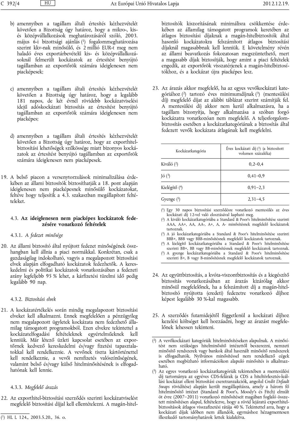 május 6-i bizottsági ajánlás ( 1 ) fogalommeghatározása szerint kkv-nak minősülő, és 2 millió EUR-t meg nem haladó éves exportárbevételű kis- és középvállalkozásoknál felmerült kockázatok az