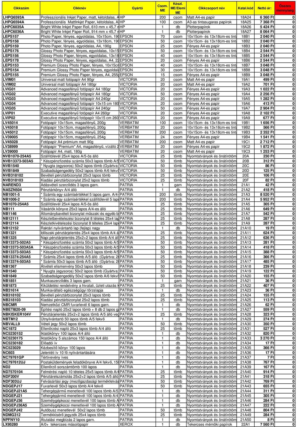 Paper Roll, 914 mm x 45,7 m, HP 36"x45,7m, 90 g/m 1 db Plotterpapírok 18A27 8 064 Ft 0 LEPS157 Photo Paper, fényes, egyoldalas, 10x15cm, 190gEPSON 70 csom 10x15cm- és 13x18cm-es tintasugaras 18B1