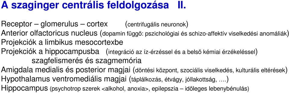 anomáliák) Projekciók a limbikus mesocortexbe Projekciók a hippocampusba (integráció az íz-érzéssel és a belsı kémiai érzékeléssel) szagfelismerés és