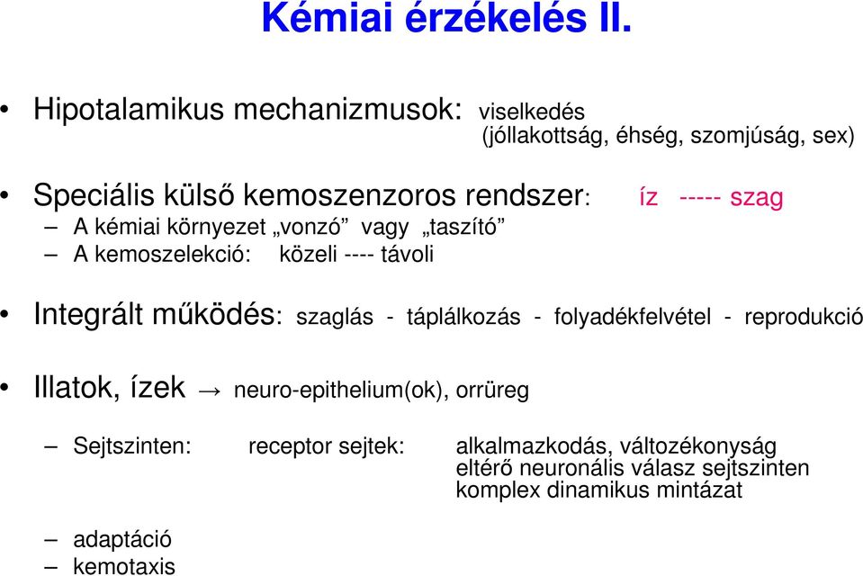 ----- szag A kémiai környezet vonzó vagy taszító A kemoszelekció: közeli ---- távoli Integrált mőködés: szaglás -