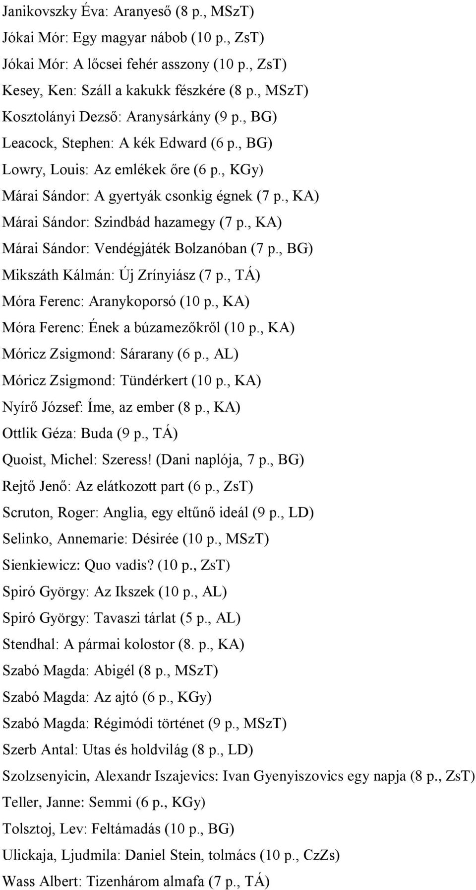 , KA) Márai Sándor: Szindbád hazamegy (7 p., KA) Márai Sándor: Vendégjáték Bolzanóban (7 p., BG) Mikszáth Kálmán: Új Zrínyiász (7 p., TÁ) Móra Ferenc: Aranykoporsó (10 p.